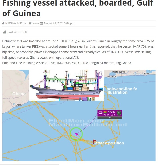 [서울=뉴시스] 28일(현지시간) 가나 인근 해역에서 가나 선적 어선인 AP703호가 해적의 공격을 받아 한국인 선원 2명이 납치됐다. 사진은 해상 전문매체 마린타임 불러틴 기사 갈무리 202.08.29