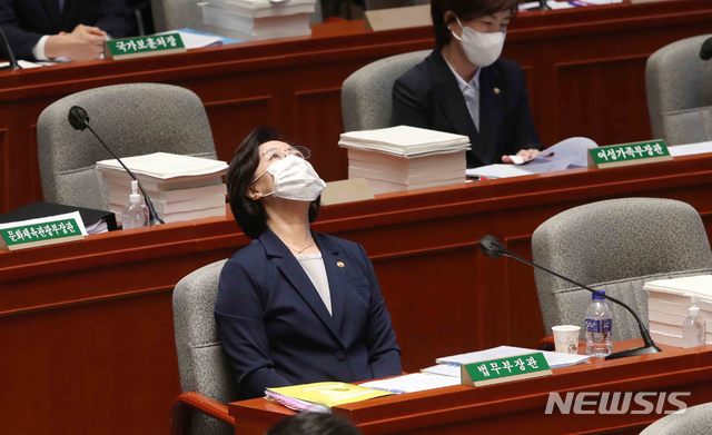 [서울=뉴시스]배훈식 기자 = 추미애 법무부장관이 1일 서울 여의도 국회에서 열린 예산결산특별위원회에 참석하고 있다. 2020.09.01.&nbsp; photo@newsis.com