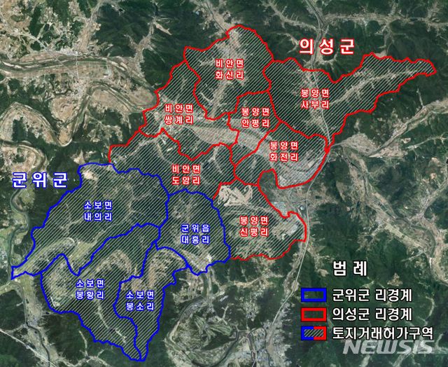 [안동=뉴시스] 통합신공항 이전지 토지거래허가구역. (사진=경북도 제공) 2020.09.02