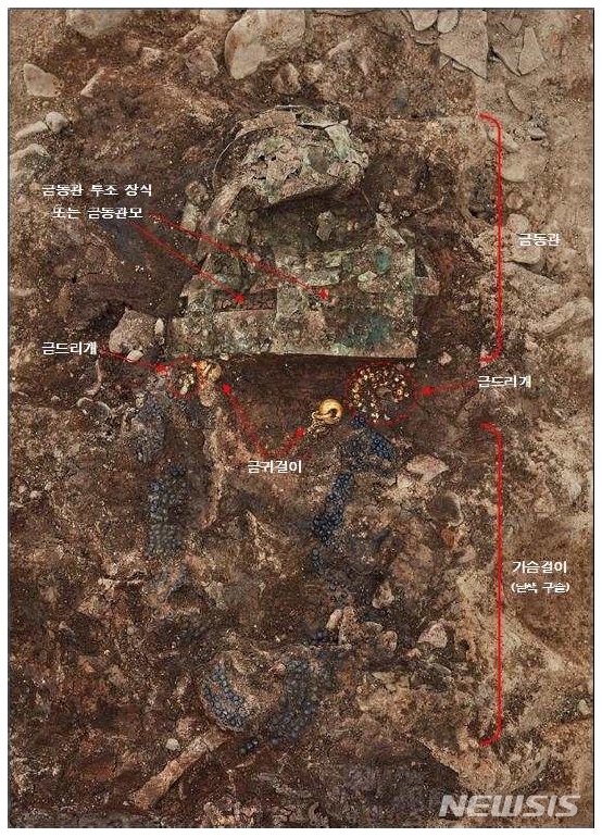 [서울=뉴시스]경주 황남동 120-2호분 금동관, 금드리개, 금귀걸이, 가슴걸이 발견 모습(사진=문화재청 제공)2020.09.03 photo@newsis.com