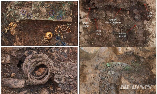 [서울=뉴시스](왼쪽 위부터 시계 방향으로)경주 황남동 120-2호분 금귀걸이 주변 유물 세부 모습(점선으로 표시한 부분은 관테의 거꾸로 된 하트 모양 구멍임), 발견 당시 은허리띠·은팔찌·은반지 상태, 발견 당시 금동신발의 일부 모습, 은팔찌(오른팔)와 구슬팔찌(노란색·남색의 작은 구슬) 발견 당시 모습(사진=문화재청 제공)2020.09.03 photo@newsis.com