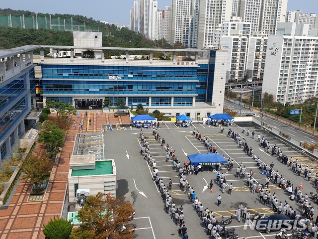 [울산=뉴시스] 박수지 기자 =울산 동구보건소에 현대중공업 직원 등 코로나19 검사자들이 몰려 북새통을 이루고 있다. 2020.09.09. parksj@newsis.com