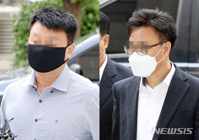 [인천=뉴시스] 이종철 기자 = 공직선거법 위반 '함바(건설현장 식당) 비리' 사건 브로커 유상봉(74)씨의 아들(왼쪽)과 무소속 윤상현 의원의 4급 보좌관 조모(53)씨 등 2명이 9일 오후 구속 전 피의자 심문(영장실질심사)을 받기 위해 인천시 미추홀구 인천지방법원으로 출석하고 있다. 유상봉씨는 출석하지 않았다. 2020.09.09.&nbsp; jc4321@newsis.com