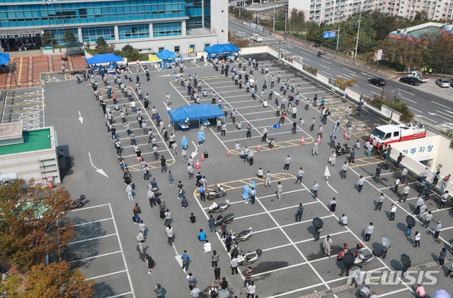 [울산=뉴시스] 배병수 기자 = 최근 현대중공업 울산 본사 직원 6명이 잇따라 신종 코로나바이러스 감염증(코로나19) 확진 판정을 받은 가운데 9일 오후 코로나19 진단검사를 받으려는 현대중공업 직원들이 울산 동구보건소 선별진료소 앞에서 대기하고 있다. 2020.09.09. bbs@newsis.com