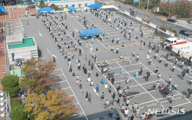 [울산=뉴시스] 배병수 기자 = 최근 현대중공업 울산 본사 직원 6명이 잇따라 신종 코로나바이러스 감염증(코로나19) 확진 판정을 받은 가운데 지난 9일 오후 코로나19 진단검사를 받으려는 현대중공업 직원들이 울산 동구보건소 선별진료소 앞에서 대기하고 있다. 2020.09.09.&nbsp; bbs@newsis.com