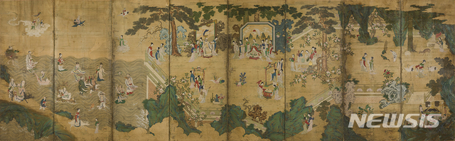 [서울=뉴시스] 요지연도瑤池宴圖, 18세기 전반, 병풍, 비단에 채색, 156×504cm, 추정가 15억원. 사진=마이아트옥션 제공. 2020.9.14. photo@newsis.com