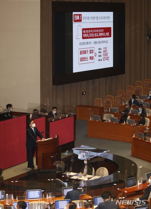 [서울=뉴시스]김선웅 기자 = 김종민 더불어민주당 의원이 14일 오후 서울 여의도 국회 본회의에서 열린 정치분야 대정부질문에서 추미애 법무부 장관의 아들 서모씨에 대한 자료를 보이고 있다. 2020.09.14. photo@newsis.com