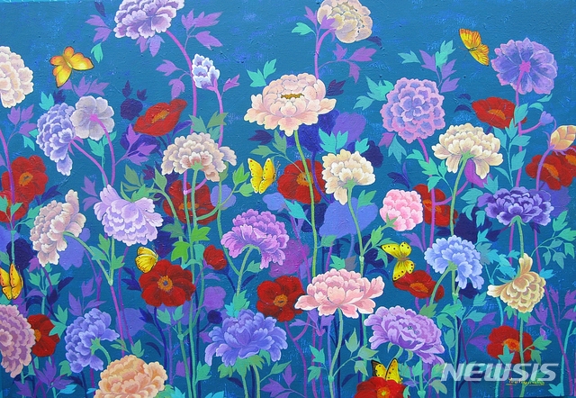 [대구=뉴시스]이지연 기자 = 김유경 작가의 '하모니 오브 네이처(Harmony of nature)' 캔버스 작품. (사진=웃는얼굴아트센터 제공) 2020.09.16. photo@newsis.com