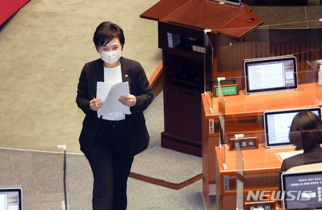 [서울=뉴시스] 김진아 기자 = 김현미 국토교통부 장관이 16일 오후 서울 여의도 국회에서 열린 본회의 경제분야 대정부질문에서 답변을 마친 뒤 자리로 돌아가고 있다. 2020.09.16. (공동취재사진) 2020.09.16. photo@newsis.com