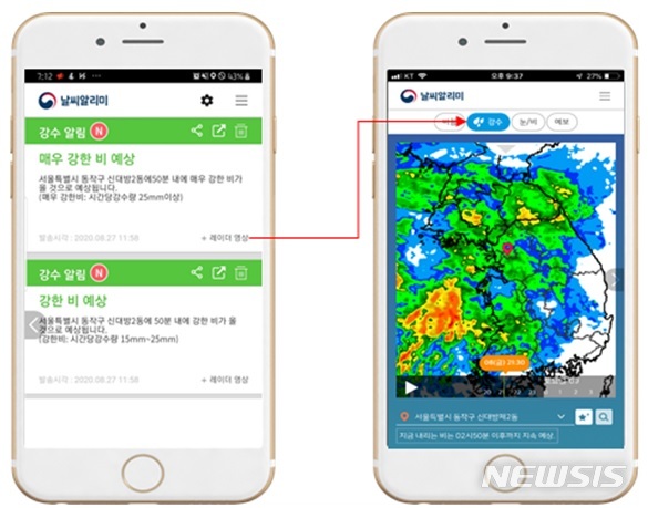[서울=뉴시스]강수 알림서비스 메시지 및 강수 예측 영상 예시. 2020.9.18(사진=기상청 제공) photo@newsis.com
