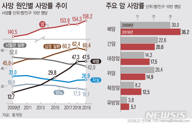 [서울=뉴시스] 통계청이 22일 발표한 '2019년 사망원인통계'에 따르면 작년 사망 원인 1위는 악성신생물(암)으로, 전체 사인의 27.5%를 차지했다. 암 중에서도 폐암이 사망률 36.2명으로 가장 높았다. (그래픽=안지혜 기자)  hokma@newsis.com