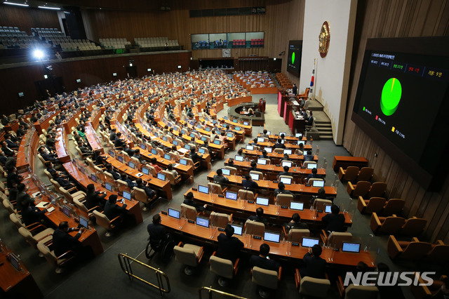 [서울=뉴시스]김진아 기자 = 22일 오후 서울 여의도 국회에서 열린 제382회 국회(정기회) 제8차 본회의에서 4차 추가경정예산안이 통과되고 있다.&nbsp; (공동취재사진) 2020.09.22. photo@newsis.com
