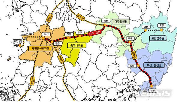 [전주=뉴시스] 전주~김천 간 철도 노선도.
