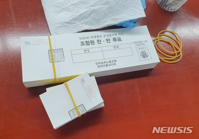 [울산=뉴시스]안정섭 기자 = 현대자동차 노조가 25일 올해 임금협상 잠정합의안 찬반투표를 실시한 가운데 현대차 아산공장 투표소에 투표용지가 놓여 있다. (사진=현대자동차 노조 제공) 2020.09.25.photo@newsis.com