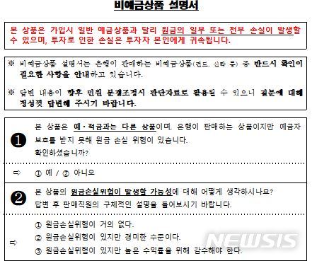 [서울=뉴시스]신규 도입되는 '비예금 상품 설명서' 예시. 각 은행은 이를 토대로 설명서를 제작하고 상품 판매시 활용할 예정이다. (사진=금융감독원, 은행연합회 제공). 2020.09.28. photo@newsis.com
