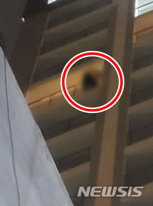 [부산=뉴시스] 부산의 한 숙박시설에 마련된 임시격리시설 14층에 격리된 40대가 몰래 숨겨온 술을 마시고 발코니 난간에서 투신소동을 벌이고 있는 모습. (사진=부산경찰청 제공)