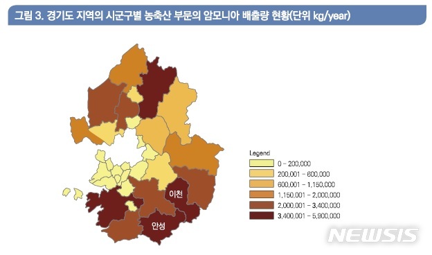 [서울=뉴시스] 경기도의 시군구별 농축산 부문 암모니아 배출량 현황. (자료=한국환경정책·평가연구원 제공). 2020.10.04. photo@newsis.com