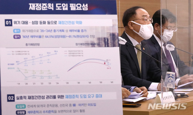 [세종=뉴시스]강종민 기자 = 홍남기 부총리 겸 기획재정부 장관이 5일 오후 정부세종청사에서 한국형 재정준칙 도입방안을 발표하고 있다. 2020.10.05.&nbsp; ppkjm@newsis.com