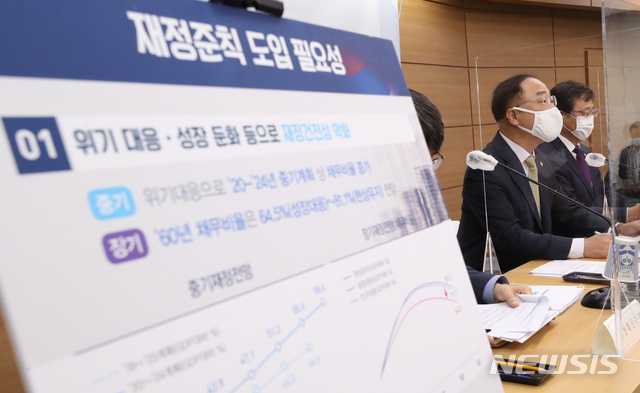 [세종=뉴시스]강종민 기자 = 홍남기 부총리 겸 기획재정부 장관이 5일 오후 정부세종청사에서 한국형 재정준칙 도입방안을 발표하고 있다. 2020.10.05. ppkjm@newsis.com
