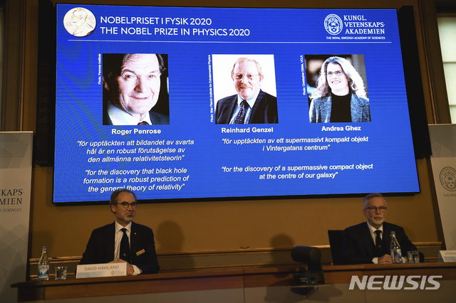 [스톡홀름--=AP/뉴시스] 6일 스웨덴 과학원에서 노벨위원회가 올해 노벨 물리학상 수상자를 발표하고 있다. 스크린에 3명의&nbsp; 공동수상자인 펜로즈 경, 겐첼 박사 및 게즈 교수 사진이 올려져 있다.