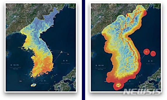 [대전=뉴시스] 태양(왼쪽)과 풍력에너지 자원지도.