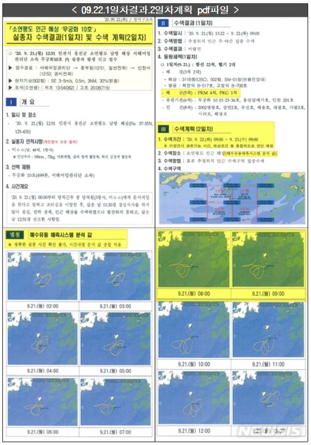 [서울=뉴시스]8일 국회 국방위원회 소속 국민의힘 이채익 의원이 해양경찰청으로부터 제출받은 자료에 따르면 인천 해경은 실종 이튿날인 지난달 22일 오전 9시께 시간대별 표류예측 결과를 첨부한 수색계획 공문을 해병대사령관을 통해 국방부 장관에 발송했다. 해당 공문에는 A씨가 지난달 21일 오전 8시와 9시에 실종 시 다음 날인 22일 오후 2시 NLL에서 불과 5~6㎞ 떨어진 소연평도 북서쪽에 표류한다는 예측 결과가 포함됐다. 2020.10.08. (사진=이채익 의원실 제공) photo@newsis.com