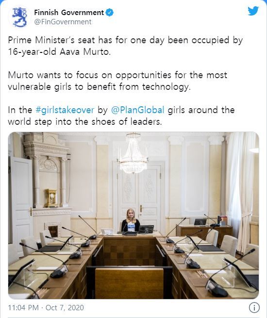 [서울=뉴시스]산나 마린 핀란드 총리가 7일 하루 16세의 소녀 운동가 아바 무르에게 총리직을 수행하게 했다고 독일 도이체 벨레가 7일(현지시간) 보도했다. <사진 출처 : 트위터> 2020.10.8
