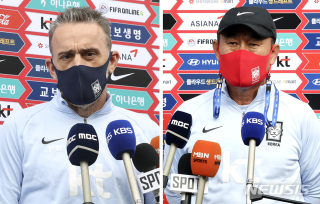 [파주=뉴시스]최진석 기자 = 파울루 벤투 축구 국가대표팀 감독과 김학범 올림픽 축구 대표팀 감독이 2차전 경기를 하루 앞둔 11일 오후 경기 파주시 파주NFC에서 인터뷰를 하고 있다. 2020.10.11.myjs@newsis.com