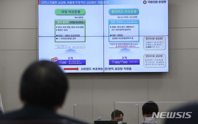 [서울=뉴시스]김선웅 기자 = 윤창현 국민의힘 의원이 13일 서울 여의도 국회에서 열린 정무위원회의 금융감독원에 대한 국정감사에서 라임 자산운용과 옵티머스 자산운용에 전현직 금감원 직원들이 연루되어 있다며 윤석헌 금감원장에게 질의하고 있다. (공동취재사진) 2020.10.13.&nbsp; photo@newsis.com