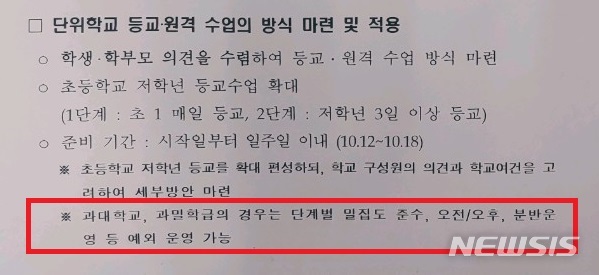 [서울=뉴시스]15일 시교육청이 최근 시내 초등학교에 안내한 '추석연휴 특별방역기간 이후 학사운영 방안'을 보면, 과대학교, 과밀학급의 경우 '오전·오후반, 분반 등의 탄력적 학사운영으로 밀집도를 유지하면서 등교대상 확대 및 예외 운영이 가능하다'고 적혀 있다. (사진=독자 제공). 2020.10.15.photo@newsis.com