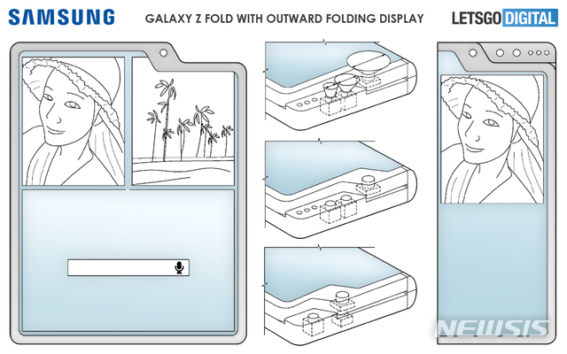 [서울=뉴시스] 삼성전자가 노치 형태의 폴더블 스마트폰 디자인 3종에 대한 특허를 취득했다. 노치는 스마트폰 화면 윗부분을 움푹 파서 카메라와 수화기를 넣고 양옆으로 날짜, 배터리 용량 등을 표시한 디자인이다. (이미지 출처=렛츠고디지털)