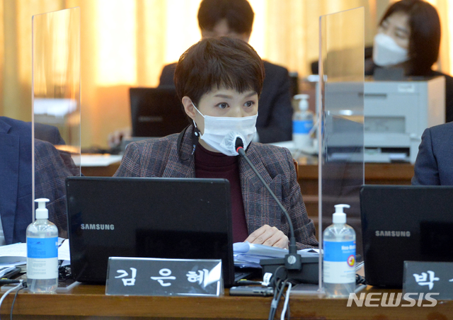 [수원=뉴시스]사진공동취재단 = 김은혜 국민의힘 의원이 20일 경기도 수원시 팔달구 경기도청에서 열린 국회 국토교통위원회의 경기도에 대한 국정감사에서 질의하고 있다. 2020.10.20. photo@newsis.com
