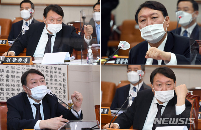 [서울=뉴시스] 김진아 기자 = 윤석열 검찰총장이 22일 서울 여의도 국회에서 열린 법제사법위원회 대검찰청 국정감사에서 질의에 답하고 있다. 2020.10.22. (공동취재사진) 2020.10.22.&nbsp;&nbsp; photo@newsis.com