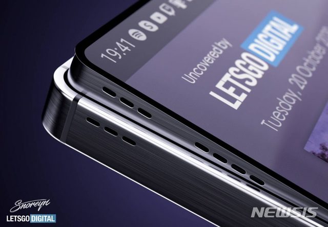 [서울=뉴시스] 23일 네덜란드 IT 및 특허 전문 매체 레츠고디지털(LetsGoDigital)에 따르면, 삼성전자는 지난 2월 '확장 가능한 내부 공간을 갖는 전자기기'라는 제목으로 세계지적재산기구(WIPO)에 특허를 출원했으며 해당 문서가 이달 15일 공개됐다. 삼성전자는 스마트폰에서 최상의 음질을 구현하기 위해 음악 등을 감상할 때 액정이 튀어나오는 모델을 개발했다. (이미지 출처=레츠고디지털)