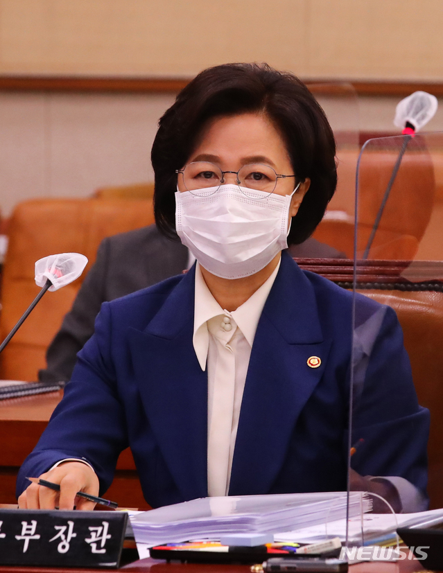[서울=뉴시스] 최동준 기자 = 추미애 법무부장관이 26일 오전 법무부·대법원·감사원·헌법재판소·법제처를 대상으로 한 종합감사가 열린 서울 여의도 국회 법제사법위원회에 출석해 자리하고 있다. (공동취재사진) 2020.10.26.photo@newsis.com