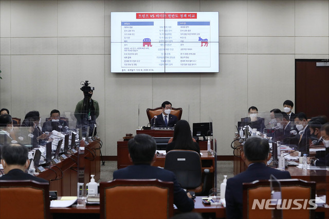 [서울=뉴시스]김선웅 기자 = 26일 오후 서울 여의도 국회에서 열린 국회 국방위원회 종합국정감사에서 트럼프와 바이든 두 미국 대선 후보의 한반도 정책 관련 질의가 진행되고 있다. (공동취재사진) 2020.10.26. photo@newsis.com