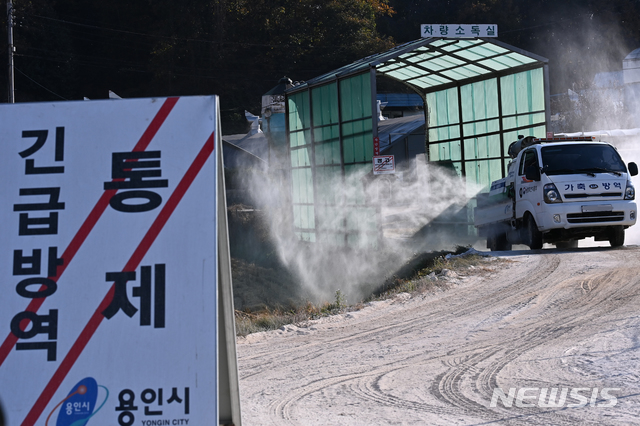 [용인=뉴시스] 김종택 기자 = 28일 오후 경기 용인시 원삼면 한 오리농장에서 용인축산농협 방역차량이 조류인플루엔자(AI) 방역활동을 하고 있다. 농림축산식품부는 경기 용인시 청미천 주변에서 지난 24일 채취한 야생조류 분변 시료를 분석한 결과 H5N8형 조류인플루엔자 항원이 검출됐다고 밝혔다. 2020.10.28.jtk@newsis.com