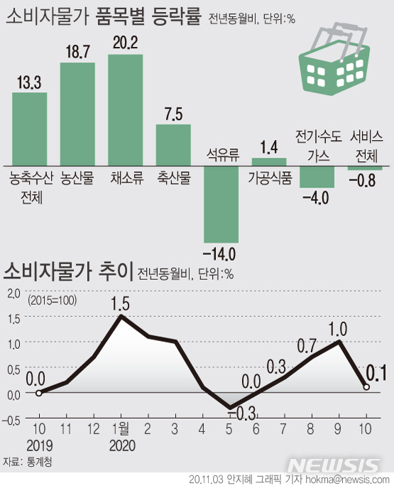 [서울=뉴시스]지난달 소비자물가 상승률이 0.1%를 기록해 4개월 만에 최저 상승 폭을 보였다. (그래픽=안지혜 기자)  hokma@newsis.com