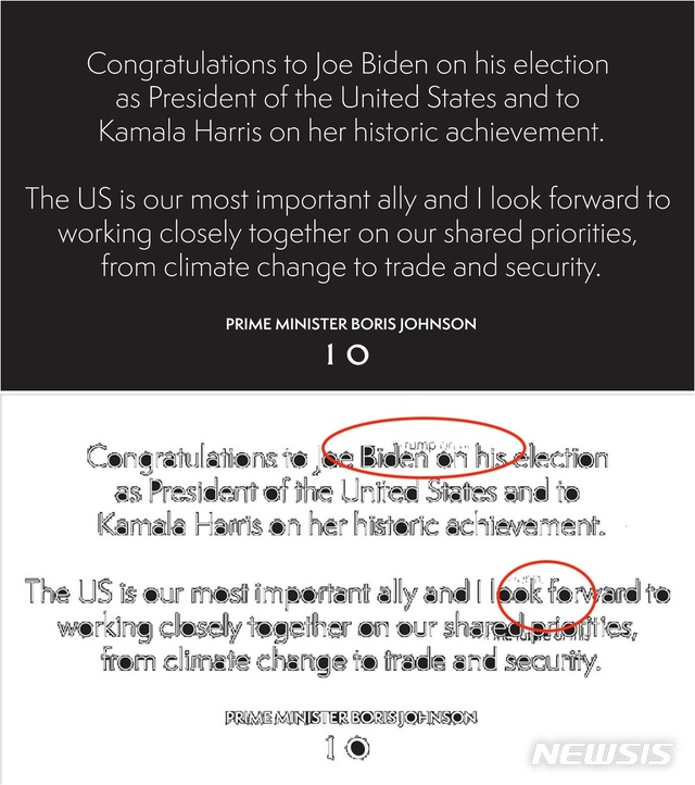 [서울=뉴시스] 보리스 존슨 영국 총리가 지난 7일 게시한 조 바이든 미국 민주당 후보의 당선 축하 트윗에서 '트럼프 재선'이라는 문구가 발견됐다. 메시지 밝기를 조절한 아래 이미지를 보면 '트럼프' '재선' '미래' 등의 문구를 확인할 수 있다. (사진=트위터 캡처) 2020.11.11.