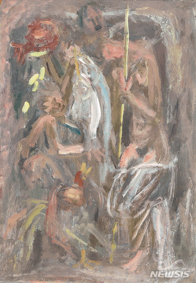 [서울=뉴시스] 이중섭, 물고기와 석류와 가족, oil on paper, 40×27.8cm, 1954, 8억5000만~15억 원.