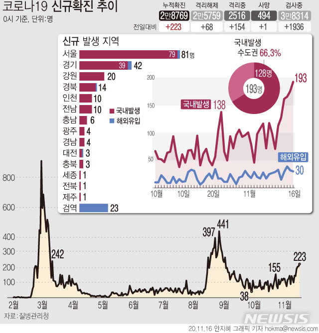 [서울=뉴시스] 16일 0시 기준 '코로나19' 신규 확진 환자가 3일째 200명대로 집계됐다. 수도권 1주간 하루 평균 국내 발생 환자 수는 하루 평균 99.43명으로 1.5단계 기준인 100명에 육박했다. (그래픽=안지혜 기자)  hokma@newsis.com