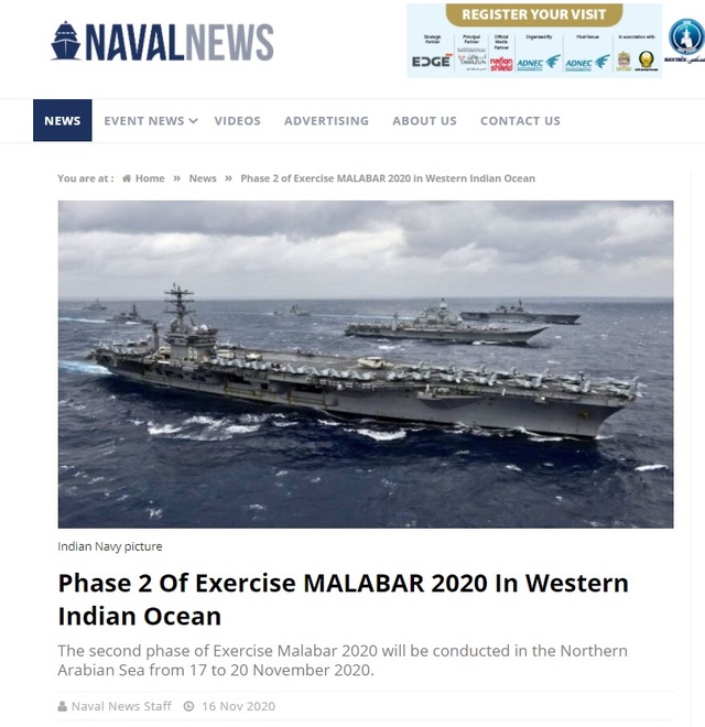 미국, 인도, 일본, 호주 등 ‘쿼드’(Quad) 4개국이 17~20일 나흘간 인도양 북 아라비아해에서 '말라바르 2020’' 2차 합동 훈련을 실시한다고 인도 해군이 16일(현지시간) 밝혔다. (사진출처: 인도 해군 홈페이지 캡쳐) 2020.11.17.