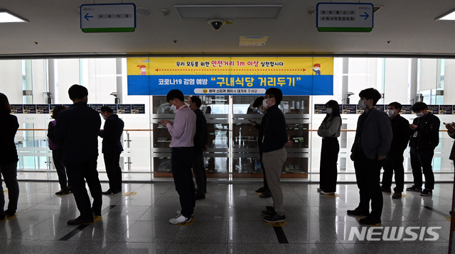 [수원=뉴시스] 김종택기자 = 정부가 신종코로나바이러스 감염증(코로나19) 확진자가 급격히 늘고 있는 수도권 지역을 대상으로 '사회적 거리두기 1.5단계' 격상을 발표한 지난 17일 경기도 수원시청 구내식당에서 직원들이 거리두기를 유지하며 배식을 기다리고 있다. 2020.11.17.jtk@newsis.com