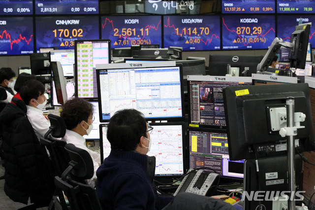 [서울=뉴시스]김선웅 기자 = 코로나19의 재확산에도 불구하고 코스피 지수가 6.54p 상승한 2560.04에 코스닥 지수는 2.04p 오른 872.22포인트에 장을 출발한 23일 오전 서울 중구 KEB하나은행 딜링룸에서 딜러들이 업무를 보고 있다. 서울 외환시장에서 원달러 환율은 1.2원 오른 1115.5원에 개장했다. 2020.11.23. mangusta@newsis.com