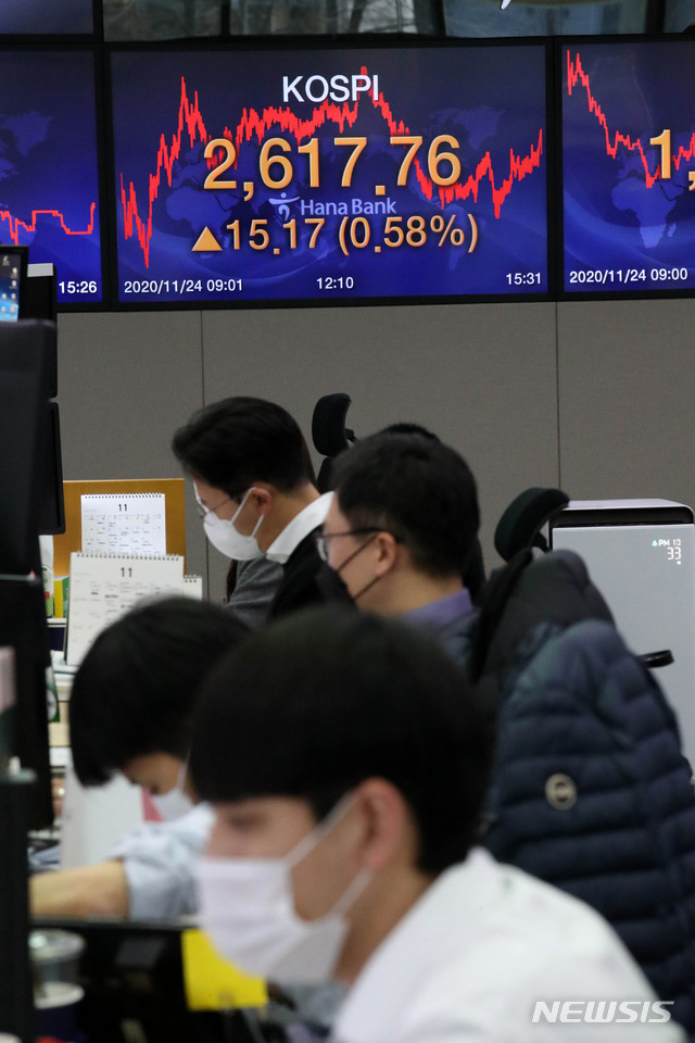 [서울=뉴시스]김선웅 기자 = 코스피 지수가 전 거래일보다 15.17포인트 오른 2617.76포인트에 장을 마감하며 이틀 연속 최고치를 경신한 14일 오후 서울 중구 KEB하나은행 딜링룸에서 딜러들이 업무를 보고 있다. 코스닥은 지수는 1.19포인트 내린 872.10에 마감, 원달러 환율은 2.3원 오른 1112.7원에 마감했다. 2020.11.24.&nbsp; mangusta@newsis.com