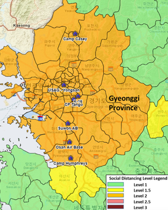 [서울=뉴시스] 경기도 사회적 거리두기 단계. 2020.11.25. (사진=주한미군 SNS 제공)