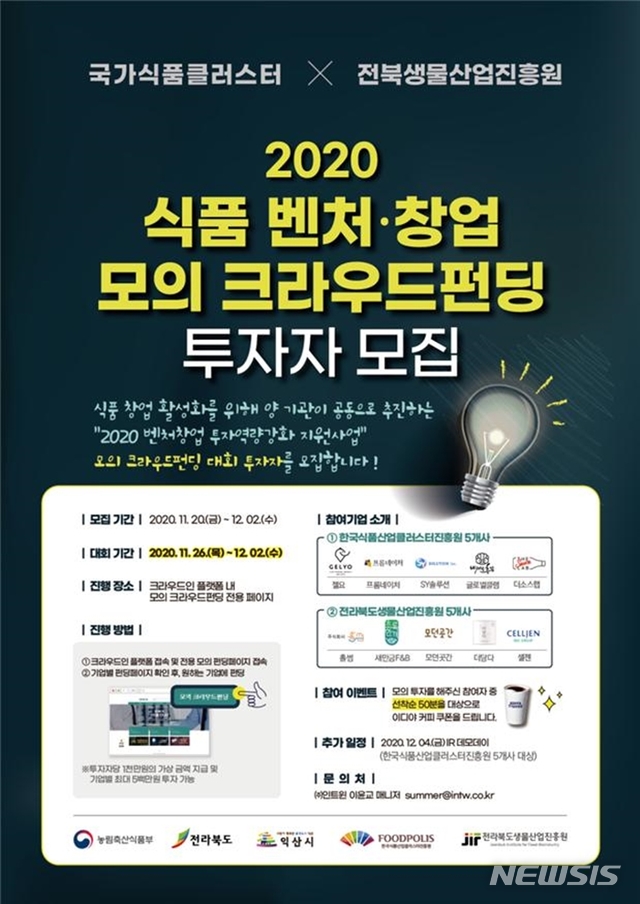 [익산=뉴시스] 강명수 기자 =한국식품산업클러스터진흥원은 전북도생물산업진흥원과 공동으로 ‘2020 식품벤처·창업 크라우드펀딩 대회’를 개최한다고 25일 밝혔다. 사진 식품벤처·창업 크라우드펀딩 대회 포스터. (사진 =한국식품산업클러스터진흥원 제공) 2020.11.25.photo@newsis.com