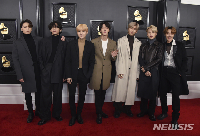 FILE - BTS arrives at the 62nd annual Grammy Awards in Los Angeles on Jan. 26, 2020. The K-pop band is nominated for a Grammy Award for best pop duo/group performance with “Dynamite," their first song to hit the No. 1 spot on the Billboard Hot 100 chart. (Photo by Jordan Strauss/Invision/AP, File)