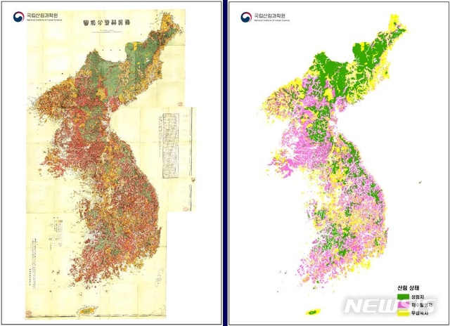 [대전=뉴시스] 조선임야분포도 원본(왼쪽)과 공간정보로 변환해 수치화한 산림 상태.