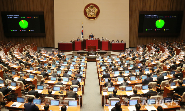 [서울=뉴시스] 최동준 기자 = 박병석 국회의장이 1일 오후 서울 여의도 국회에서 열린 본회의에서 공직자윤리법 일부개정법률안을 가결하고 있다. (공동취재사진) 2020.12.01. photo@newsis.com